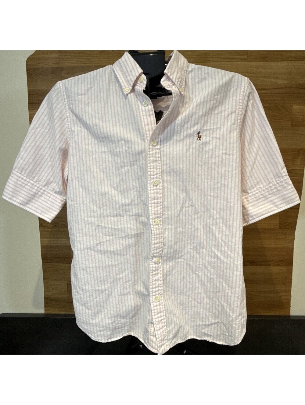 Ralph Lauren Shirt Men's L Pink White Striped Slim Fit Half Sleeve Button-Down